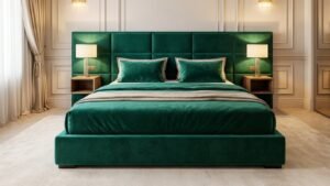 Lit Émeraude Prestige est un lit contemporain au design raffiné, habillé d'un revêtement en velours vert émeraude avec une tête de lit capitonnée. Son style élégant apporte une touche de luxe à votre chambre tout en offrant un excellent confort. Idéal pour créer un espace moderne, chaleureux et sophistiqué.