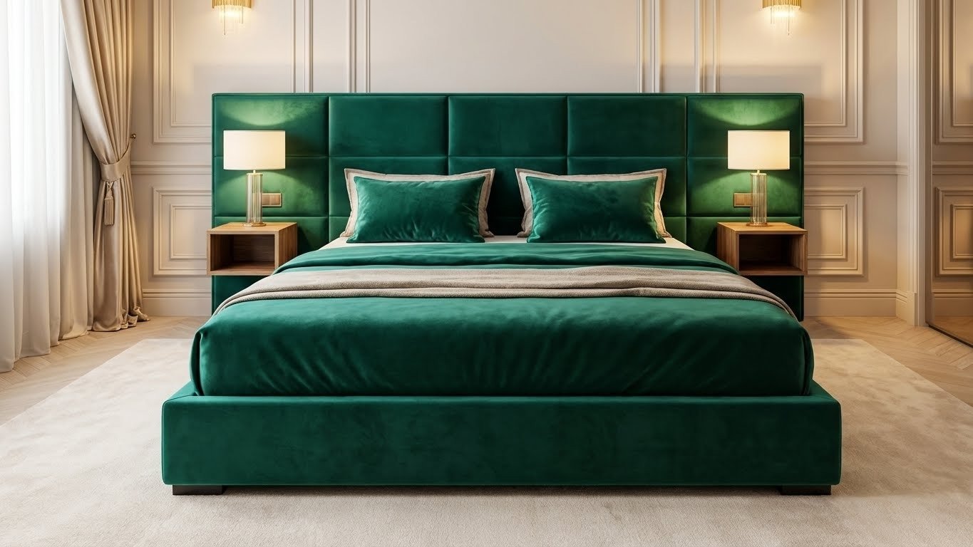 Lit Émeraude Prestige est un lit contemporain au design raffiné, habillé d'un revêtement en velours vert émeraude avec une tête de lit capitonnée. Son style élégant apporte une touche de luxe à votre chambre tout en offrant un excellent confort. Idéal pour créer un espace moderne, chaleureux et sophistiqué.